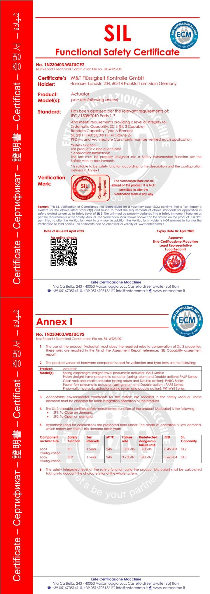 维替资质,维替阀门资质,维替SIL3证书-气动气液执行机构